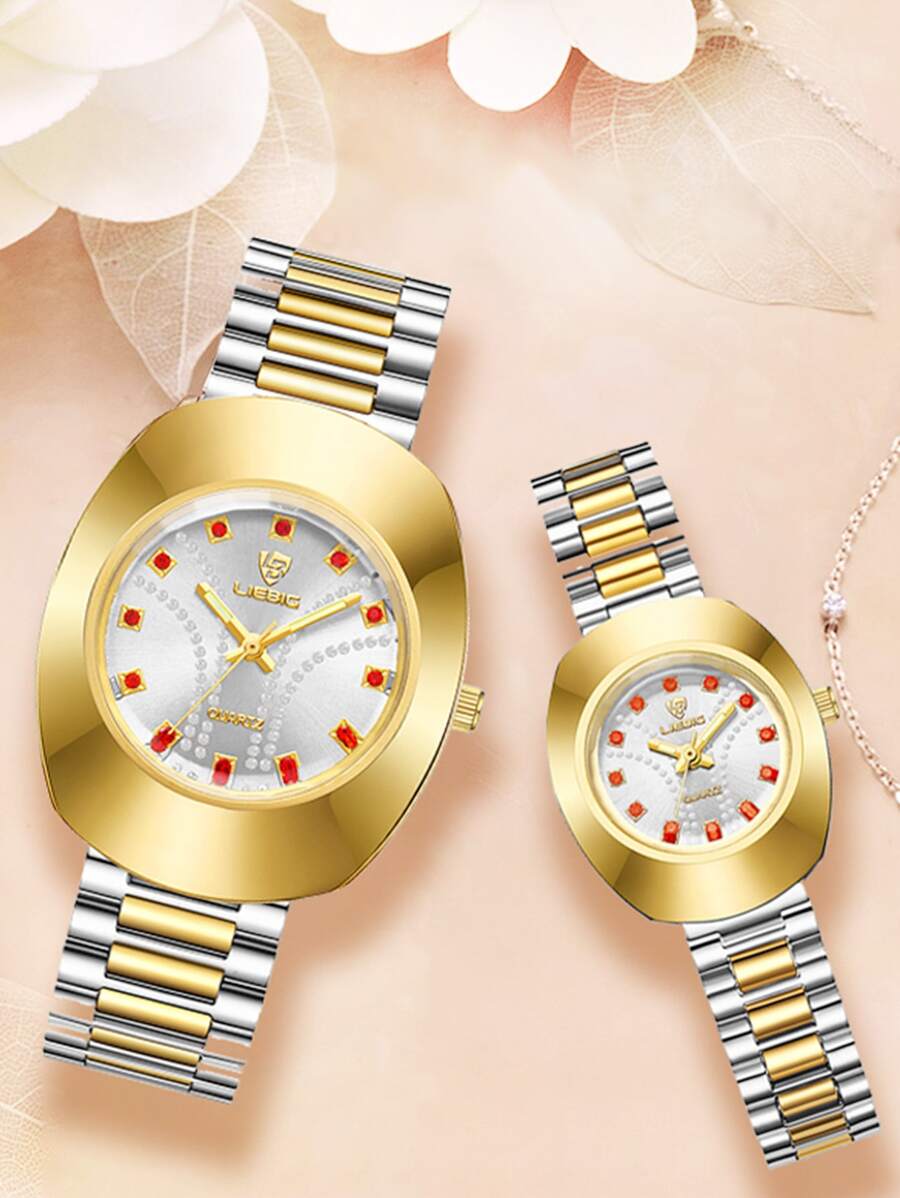 FANSICHEN 2入組男士女士雙色不銹鋼錶帶迷人水鑽裝飾防水多邊形錶盤石英手錶，適合日常生活 - 彩色 - 查看 1