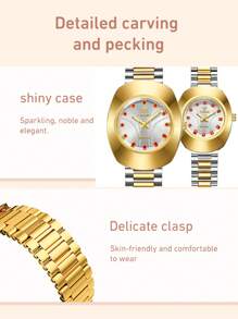 FANSICHEN 2入組男士女士雙色不銹鋼錶帶迷人水鑽裝飾防水多邊形錶盤石英手錶，適合日常生活 - 彩色 - 查看 3