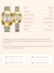 FANSICHEN 2入組男士女士雙色不銹鋼錶帶迷人水鑽裝飾防水多邊形錶盤石英手錶，適合日常生活 - 彩色 - 查看 4