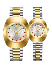 FANSICHEN 2入組男士女士雙色不銹鋼錶帶迷人水鑽裝飾防水多邊形錶盤石英手錶，適合日常生活 - 彩色 - 查看 7