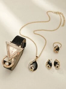 1pc Watch For Black PU Polyurethane Strap Glamorous Rhinestone Decor Triangle Dial Quartz Watch & 4pcs Jewelry Set, For Daily Life Holiday As A Gift For Students Returning To School