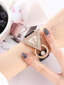 1pc Watch For Black PU Polyurethane Strap Glamorous Rhinestone Decor Triangle Dial Quartz Watch & 4pcs Jewelry Set, For Daily Life Holiday As A Gift For Students Returning To School