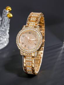 女性時尚羅馬數字全珠編手鐲手錶和銀色時尚雙股手鐲手錶套裝 - 玫瑰金 - 查看 2