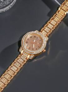 女性時尚羅馬數字全珠編手鐲手錶和銀色時尚雙股手鐲手錶套裝 - 玫瑰金 - 查看 3