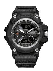 SANDA 1入組黑色TPR聚氨酯帶運動日期防水計時碼表圓形錶盤數字手錶,日常裝飾適合男士 - 黑色 - 查看 1