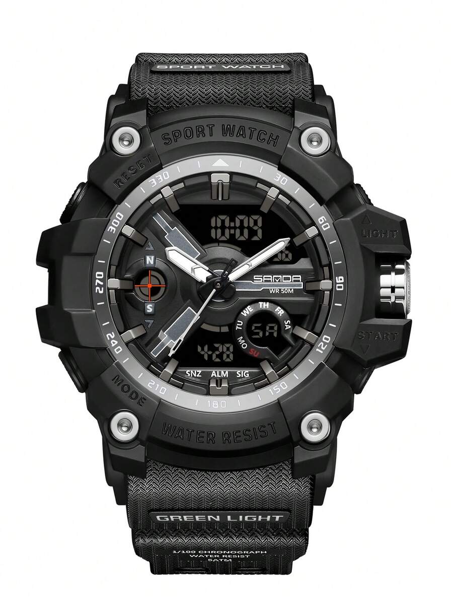 SANDA 1入組黑色TPR聚氨酯帶運動日期防水計時碼表圓形錶盤數字手錶,日常裝飾適合男士 - 黑色 - 查看 1