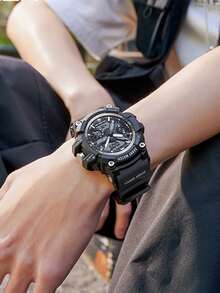 SANDA 1入組黑色TPR聚氨酯帶運動日期防水計時碼表圓形錶盤數字手錶,日常裝飾適合男士 - 黑色 - 查看 2