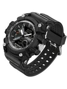 SANDA 1入組黑色TPR聚氨酯帶運動日期防水計時碼表圓形錶盤數字手錶,日常裝飾適合男士 - 黑色 - 查看 4