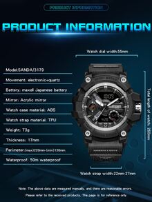 SANDA 1入組黑色TPR聚氨酯帶運動日期防水計時碼表圓形錶盤數字手錶,日常裝飾適合男士 - 黑色 - 查看 6