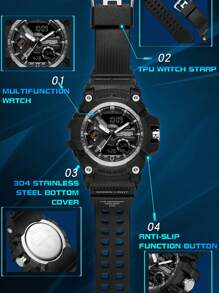 SANDA 1入組黑色TPR聚氨酯帶運動日期防水計時碼表圓形錶盤數字手錶,日常裝飾適合男士 - 黑色 - 查看 5