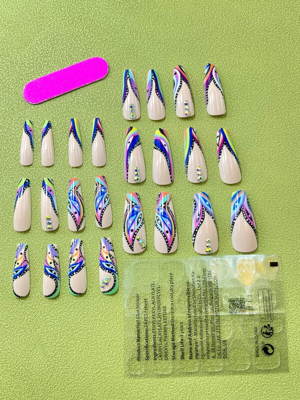 Transform Your Nails with 24pcs Long Coffin Graffiti Line Frosted Rhinestones Striped Fake Nail