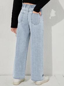 SHEIN 少女Y2K街头风日常弹力腰直筒牛仔裤，带平口袋，适合日常、上学、校园、大学暑假穿着。 - 淺色水洗藍 - 查看 2