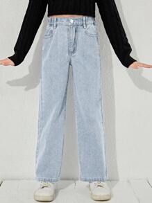 SHEIN 少女Y2K街头风日常弹力腰直筒牛仔裤，带平口袋，适合日常、上学、校园、大学暑假穿着。 - 淺色水洗藍 - 查看 7