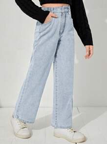 SHEIN 少女Y2K街头风日常弹力腰直筒牛仔裤，带平口袋，适合日常、上学、校园、大学暑假穿着。 - 淺色水洗藍 - 查看 4