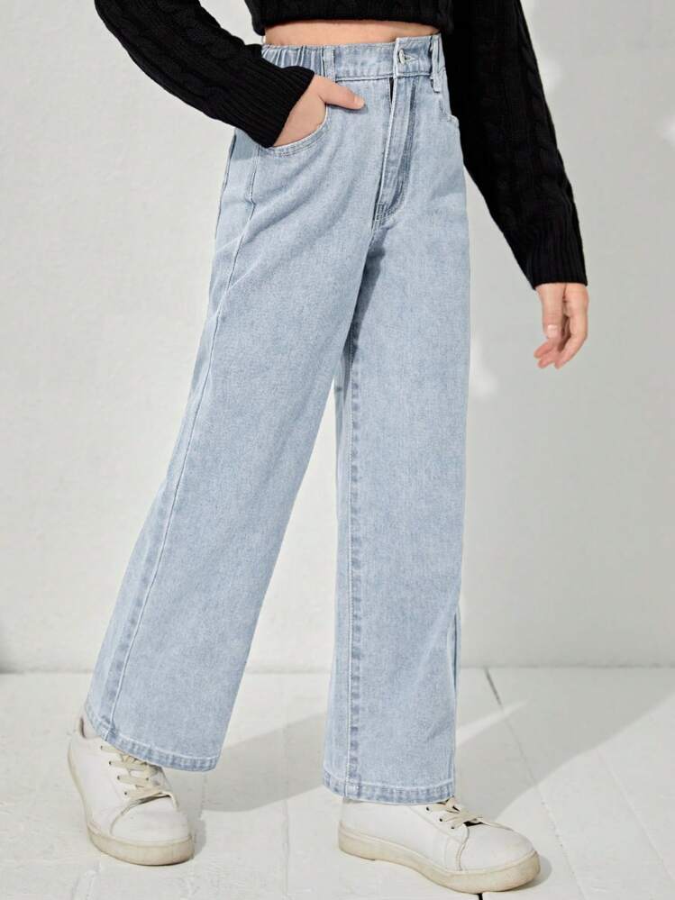 SHEIN 少女Y2K街头风日常弹力腰直筒牛仔裤，带平口袋，适合日常、上学、校园、大学暑假穿着。 - 淺色水洗藍 - 查看 4