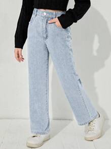 SHEIN 少女Y2K街头风日常弹力腰直筒牛仔裤，带平口袋，适合日常、上学、校园、大学暑假穿着。 - 淺色水洗藍 - 查看 5