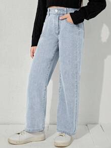 SHEIN 少女Y2K街头风日常弹力腰直筒牛仔裤，带平口袋，适合日常、上学、校园、大学暑假穿着。 - 淺色水洗藍 - 查看 6