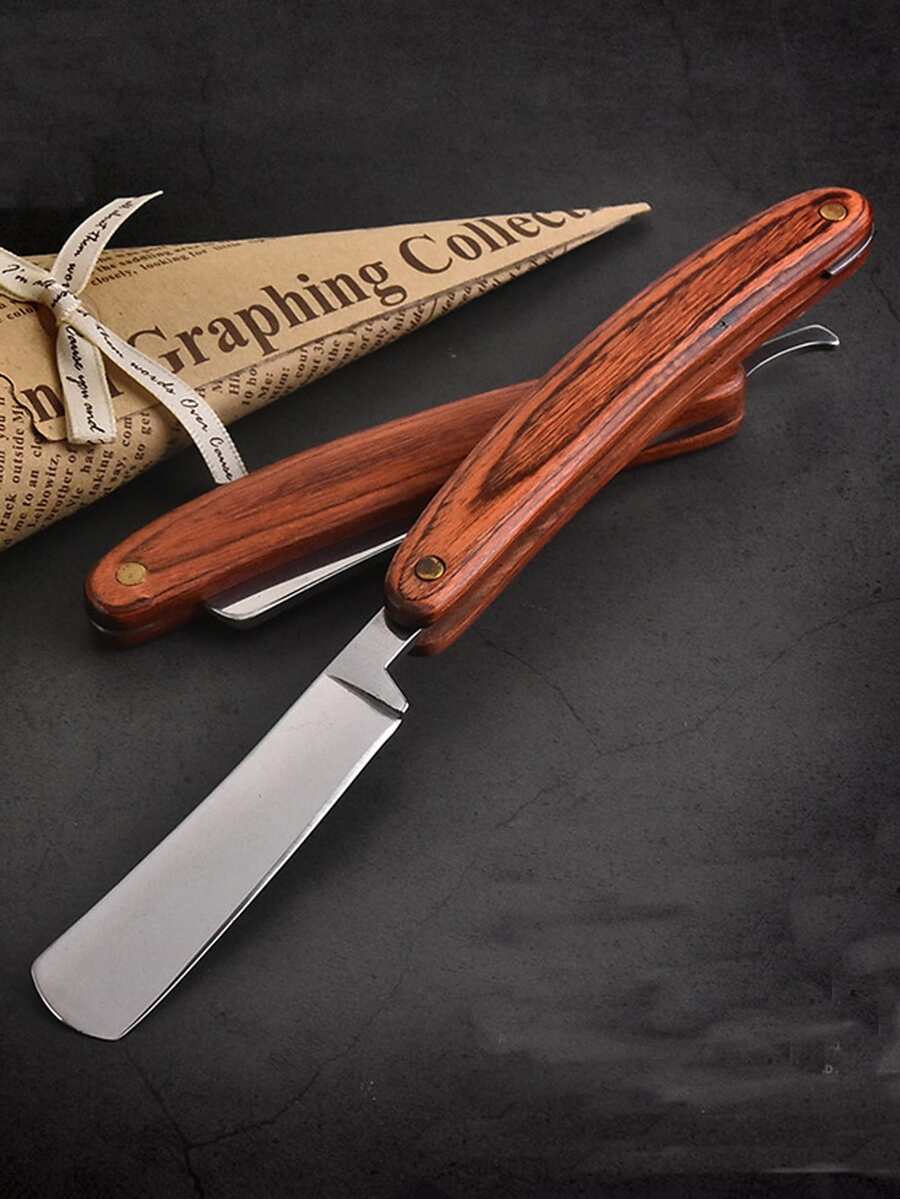 Afeitadora manual con mango de madera 1 pieza Maquinilla de afeitar para hombres Estilo clásico vintage - Plateado - Ver 1