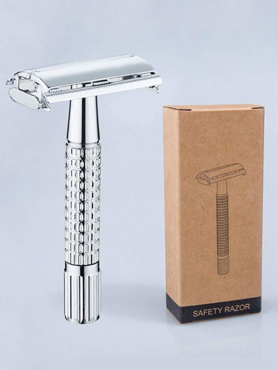 Maquinilla de afeitar clásica manual con cabezal de mariposa para hombres, 1 pieza de cuchillas de acero inoxidable reemplazables - Plateado - Ver 1