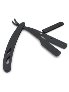 Maquinilla de afeitar de peluquero, 1 pieza cuchilla de afeitar de metal negro fresco, herramienta de afeitar de corte facial reemplazable - Negro - Ver 2