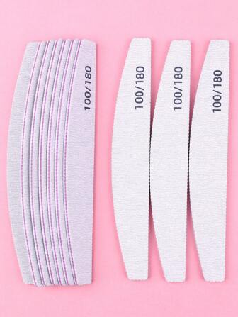 10pcs Grey Crescent Shape Nail Files, Double-Sided Manicure Files, 100/180 Grit Nail Shaping & Grooming