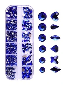藍寶石藍色閃亮3D水鑽1盒玻璃圓形心翅膀橢圓形鑽石設計平底適用於美甲和裝飾用品 - 藍色 - 查看 1