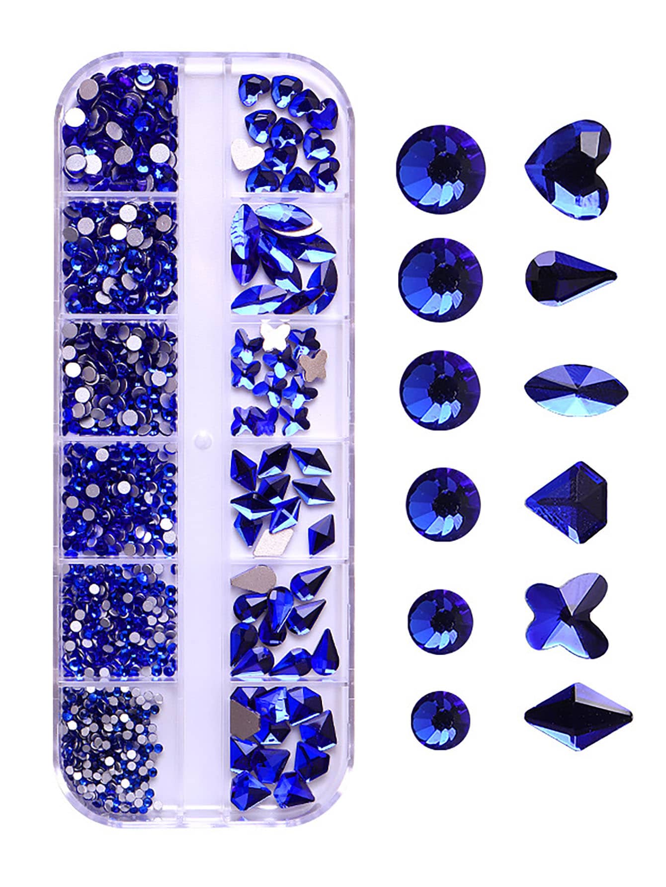 藍寶石藍色閃亮3D水鑽1盒玻璃圓形心翅膀橢圓形鑽石設計平底適用於美甲和裝飾用品 - 藍色 - 查看 1