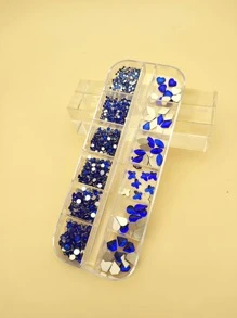 藍寶石藍色閃亮3D水鑽1盒玻璃圓形心翅膀橢圓形鑽石設計平底適用於美甲和裝飾用品 - 藍色 - 查看 2