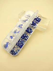 藍寶石藍色閃亮3D水鑽1盒玻璃圓形心翅膀橢圓形鑽石設計平底適用於美甲和裝飾用品 - 藍色 - 查看 3