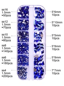 藍寶石藍色閃亮3D水鑽1盒玻璃圓形心翅膀橢圓形鑽石設計平底適用於美甲和裝飾用品 - 藍色 - 查看 4