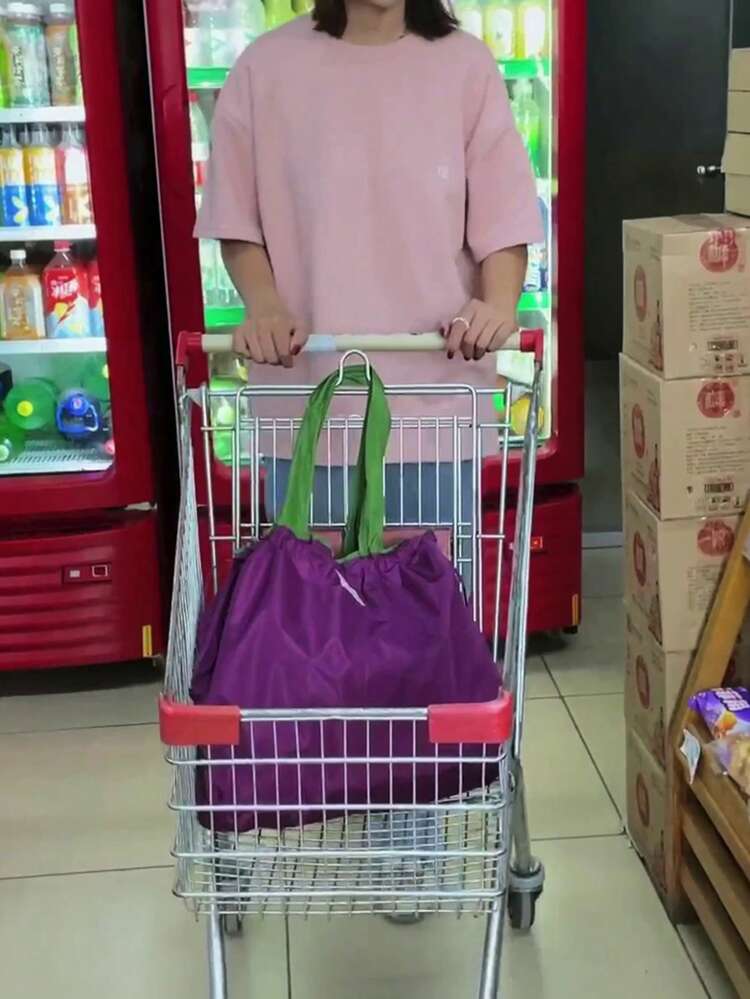 Large Capacity Draw String Closure Washable Supermarket Shopping Bag Tote Handbag Foldable Portable Grocery Bag (All Printed Letters Random) , Purple