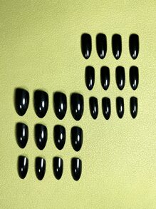 24入組歐美風格簡約尖頭黑色杏仁形假指甲+1支果凍膠水+1個美甲文件壓克力假指甲美甲用品 - 彩色 - 查看 2