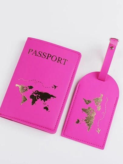 Metallic Letter Graphic Passport Case With Luggage Tag PU For Honeymoon Travel Accessories Card Holder Suitcase Tag Name Tag Card Sleeve Hanging Tag Pendant For Holiday Vacation Travel Essentials For Travel Backpack Travel Bag Luggage Suitcase Travel Gear Back To School Bag For School School Accessories School Stuff