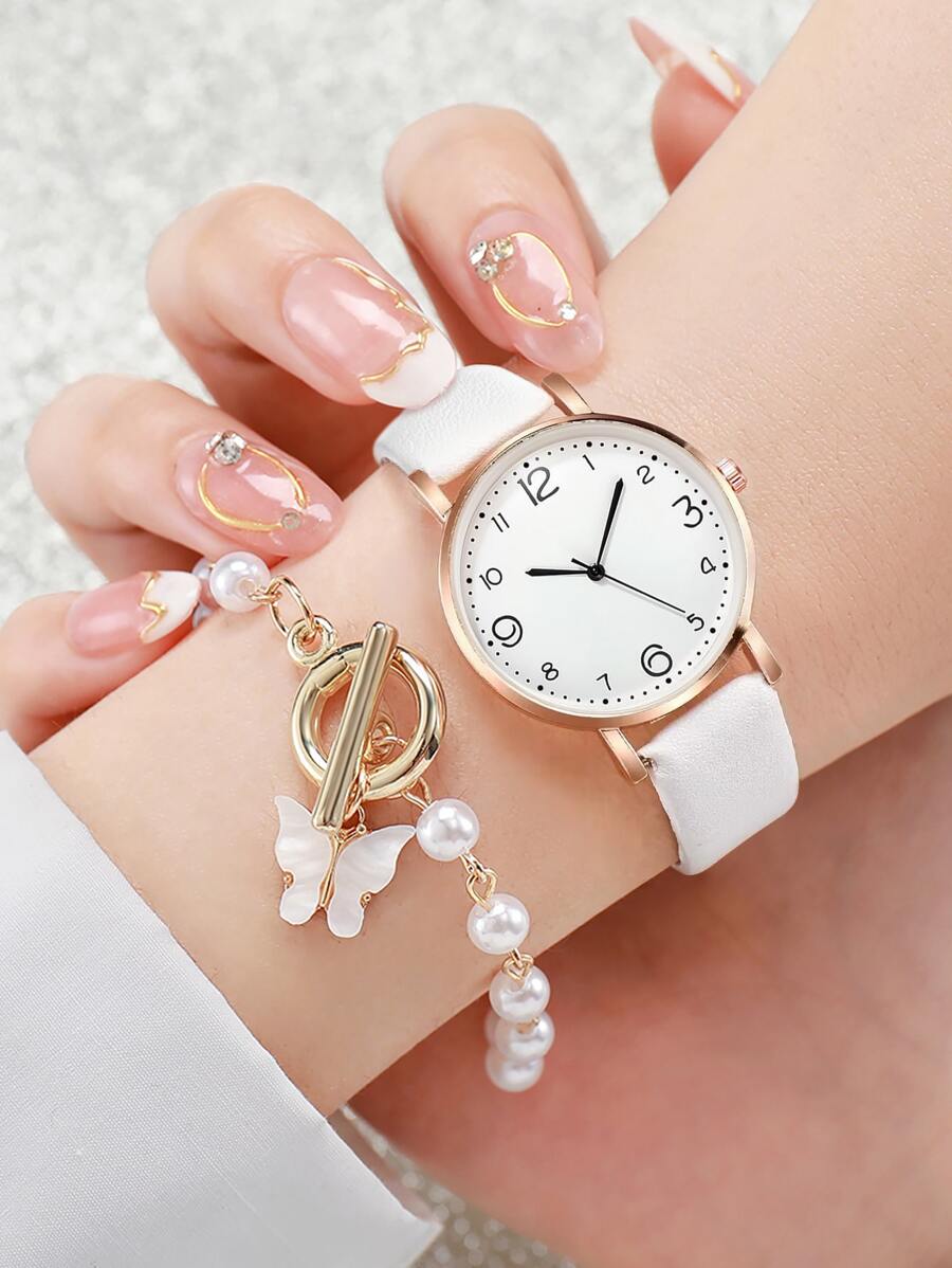 1 Miếng Trắng PU Polyurethane Dây đeo Đúng mốt Tròn Quay số đồng hồ Quartz & 1 Miếng Chuỗi vòng tay , Để Trang Trí Hàng Ngày - trắng - Xem 1