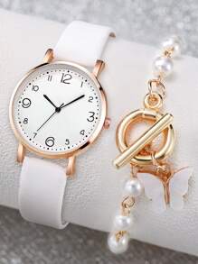 1 Miếng Trắng PU Polyurethane Dây đeo Đúng mốt Tròn Quay số đồng hồ Quartz & 1 Miếng Chuỗi vòng tay , Để Trang Trí Hàng Ngày - trắng - Xem 2