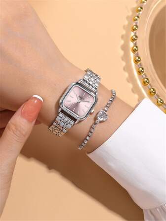 NAIDU 2 件女式方形表盘不锈钢表带石英手表