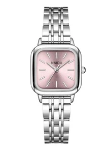NAIDU 2 件女式方形表盘不锈钢表带石英手表 - 粉色 - 查看 2
