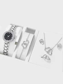 1块镶嵌水晶的圆形表盘石英表和5件套首饰，无礼盒，适合节日佩戴