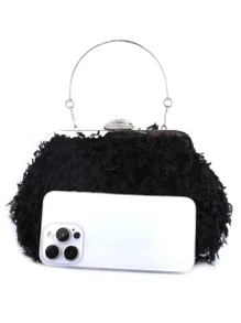 Túi ly hợp có khóa lông vũ và kim cương giả màu trắng tinh tế, lý tưởng cho các bữa tiệc tối, phụ kiện cô dâu với váy cưới và sườn xám - màu đen - Xem 5