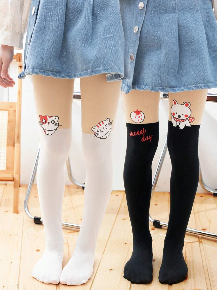 2對女童卡通字母圖案可愛緊身褲適合日常生活 - 彩色 - 查看 1