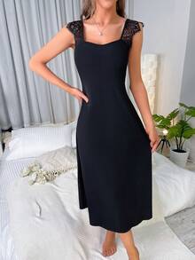 蕾絲拼接背帶睡裙 - 黑色 - 查看 4