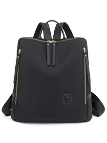 中號經典背包黑色拉鍊正面裝飾可調節肩帶適合日常使用，耐用時尚實用黑色大容量背包，帶側袋，可容納手機、ipad，並且防水。適合旅遊、旅行、郊遊、戶外大學生、青少年、女生、老人 - 黑色 - 查看 1