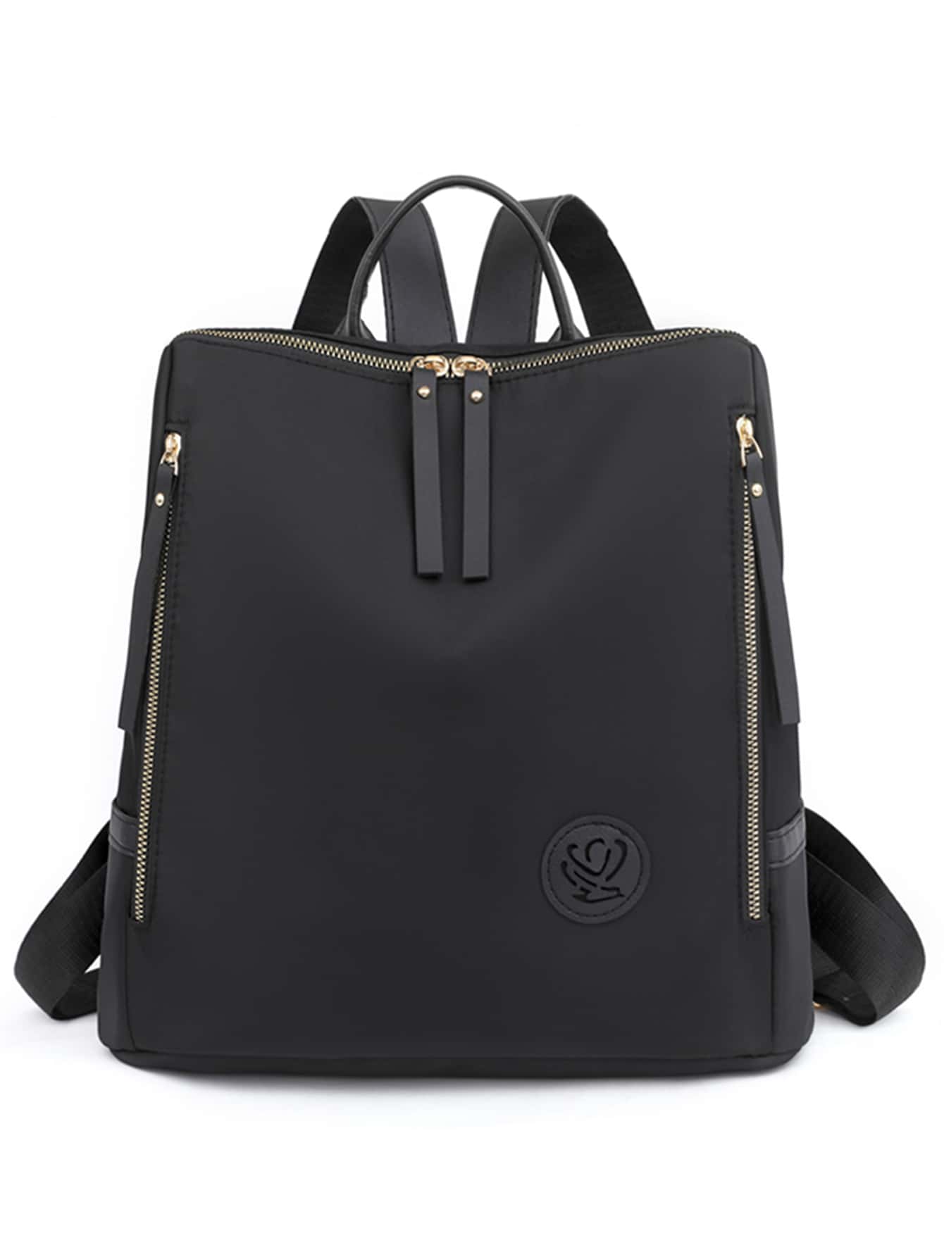 中號經典背包黑色拉鍊正面裝飾可調節肩帶適合日常使用，耐用時尚實用黑色大容量背包，帶側袋，可容納手機、ipad，並且防水。適合旅遊、旅行、郊遊、戶外大學生、青少年、女生、老人 - 黑色 - 查看 1