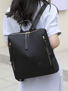 中號經典背包黑色拉鍊正面裝飾可調節肩帶適合日常使用，耐用時尚實用黑色大容量背包，帶側袋，可容納手機、ipad，並且防水。適合旅遊、旅行、郊遊、戶外大學生、青少年、女生、老人 - 黑色 - 查看 2