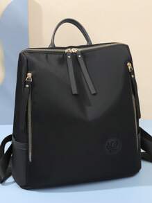 中號經典背包黑色拉鍊正面裝飾可調節肩帶適合日常使用，耐用時尚實用黑色大容量背包，帶側袋，可容納手機、ipad，並且防水。適合旅遊、旅行、郊遊、戶外大學生、青少年、女生、老人 - 黑色 - 查看 6