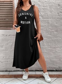 Calvaya Plus Letter Graphic Split Thigh Tank Dress Maxi Women Outfit