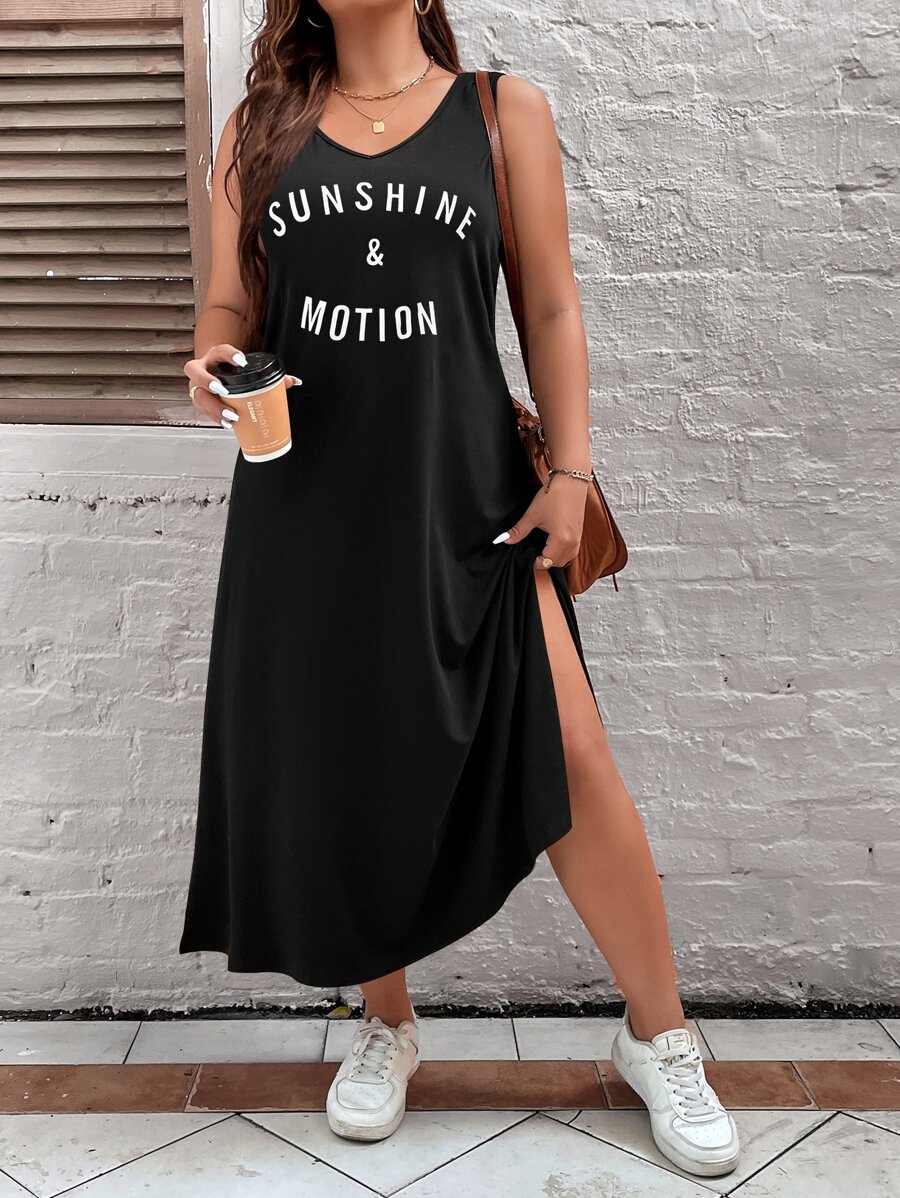 Calvaya Plus Letter Graphic Split Thigh Tank Dress Maxi Women Outfit