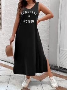 Calvaya Plus Letter Graphic Split Thigh Tank Dress Maxi Women Outfit