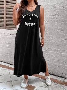 Calvaya Plus Letter Graphic Split Thigh Tank Dress Maxi Women Outfit