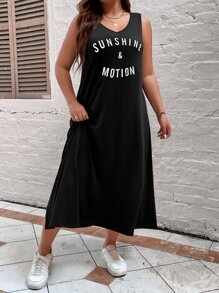 Calvaya Plus Letter Graphic Split Thigh Tank Dress Maxi Women Outfit
